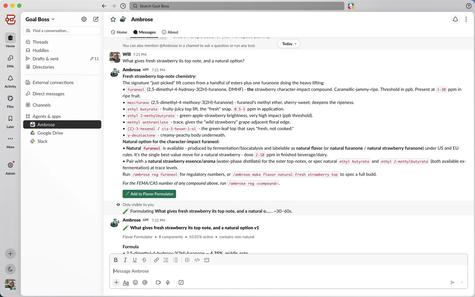 @Ambrose answering a flavor chemistry question in Slack with named aroma compounds and dose ranges