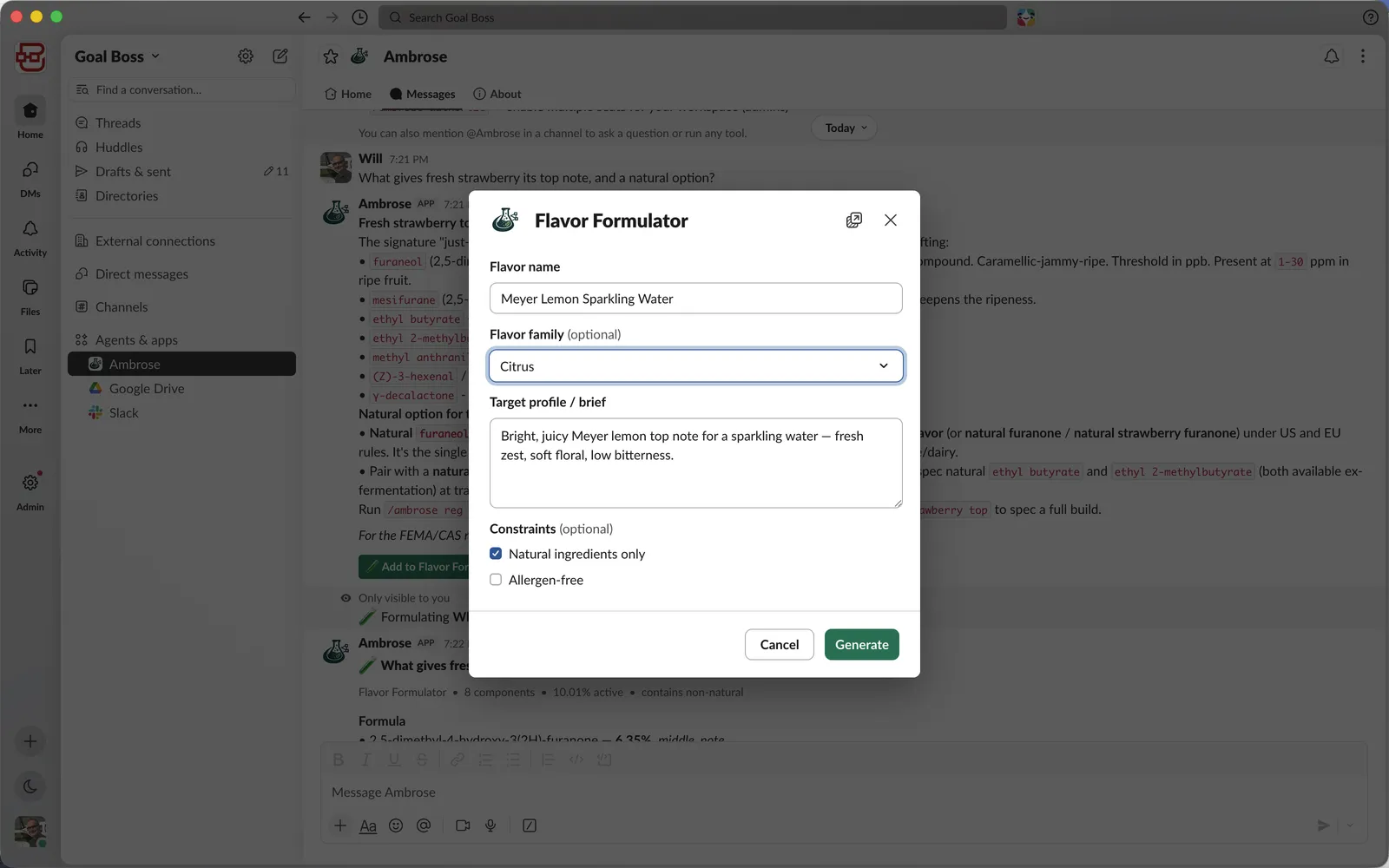 Ambrose Flavor Formulator dialog in Slack: name, flavor family, target profile, and constraints