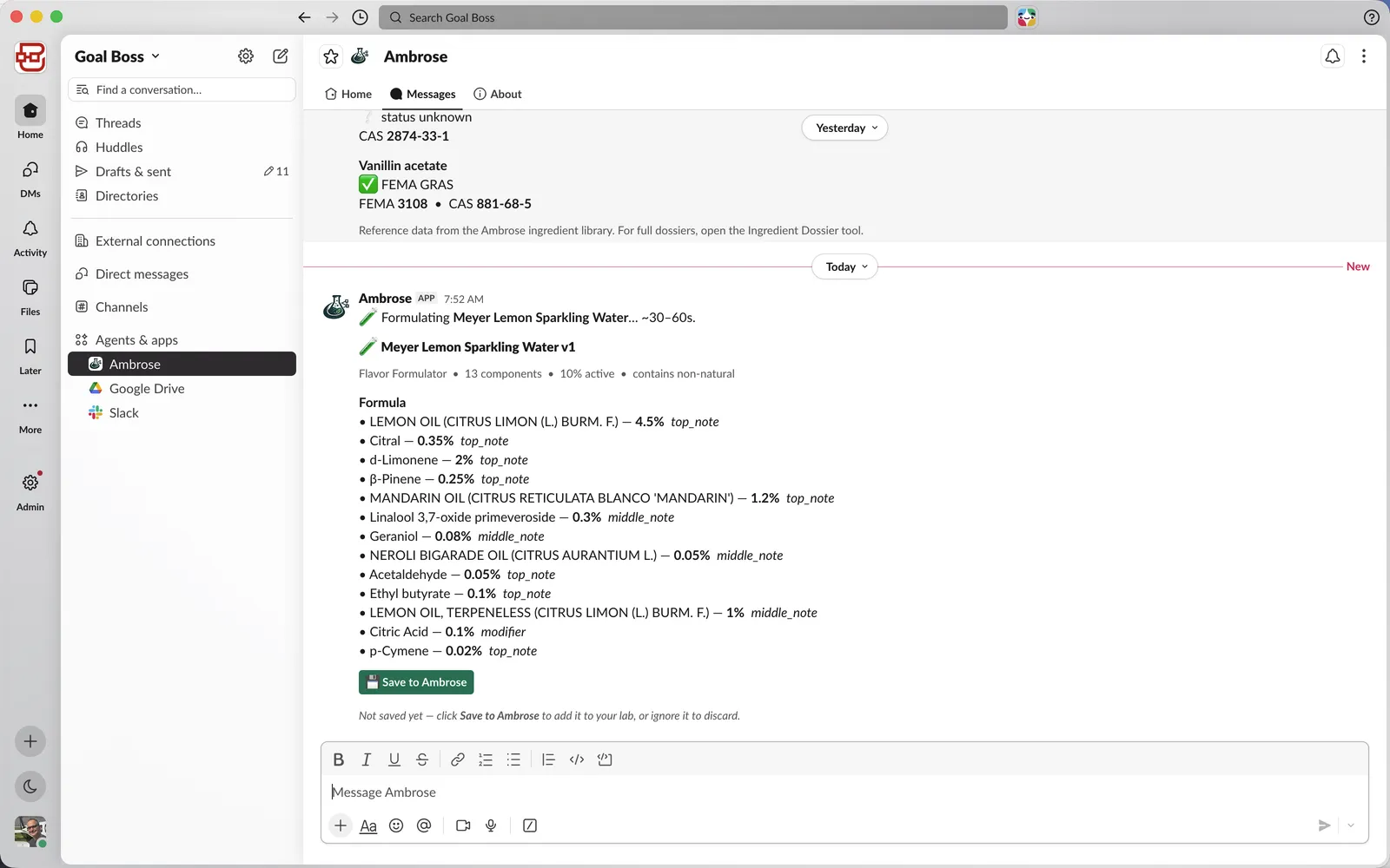 Generated Meyer lemon sparkling water formula in Slack with 13 components, percentages, and a save button