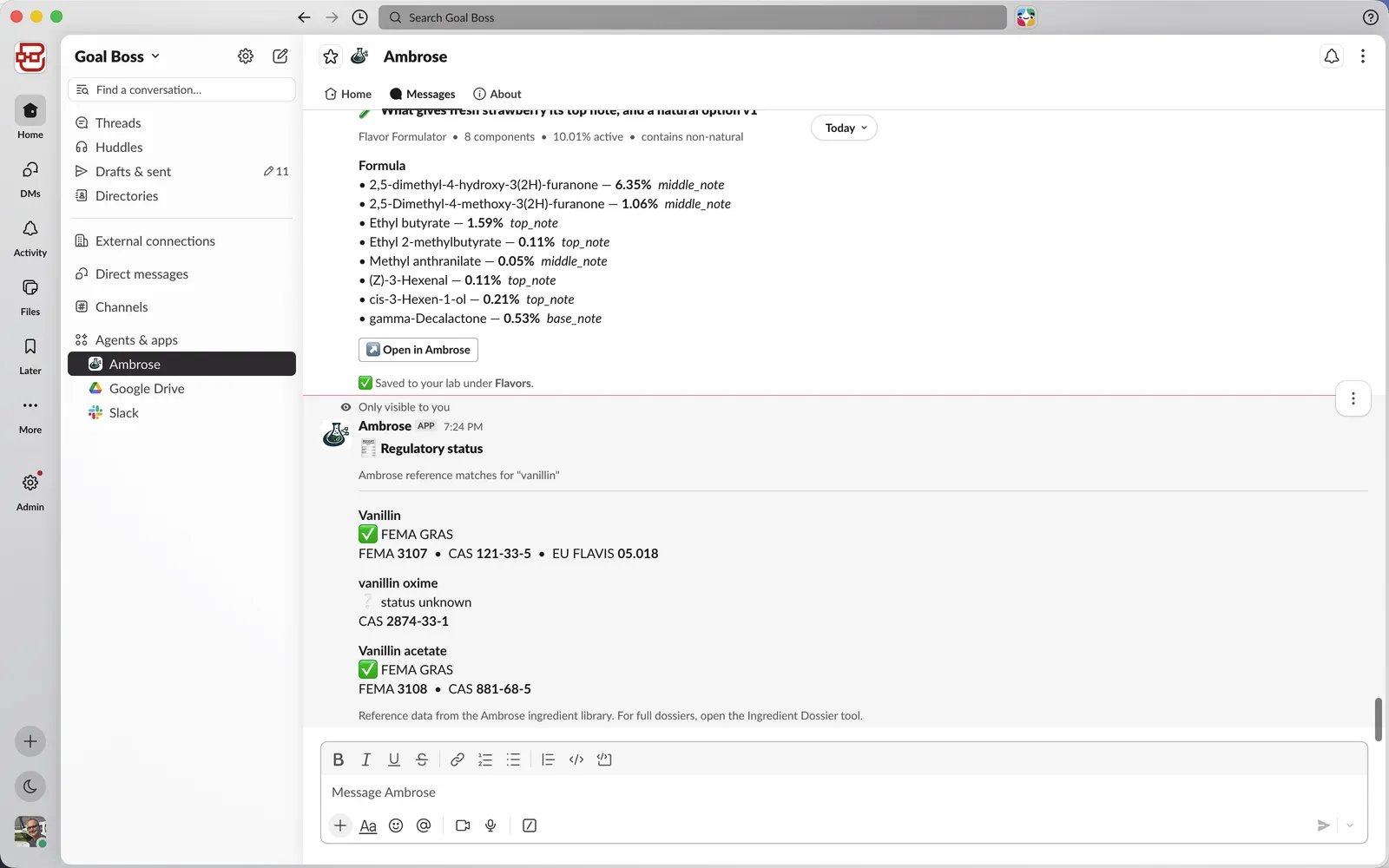 /ambrose reg vanillin returning FEMA 3107, CAS 121-33-5, EU FLAVIS 05.018 and GRAS status in Slack