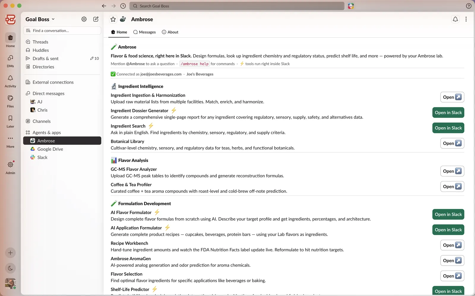 Ambrose App Home tab in Slack showing the tool catalog grouped by category